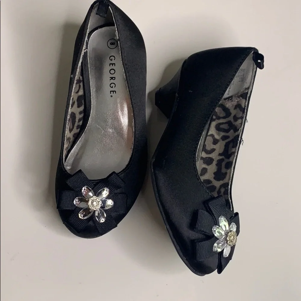 Satin Black Crystal Flower kitten heel girl party holiday shoes toddler 8